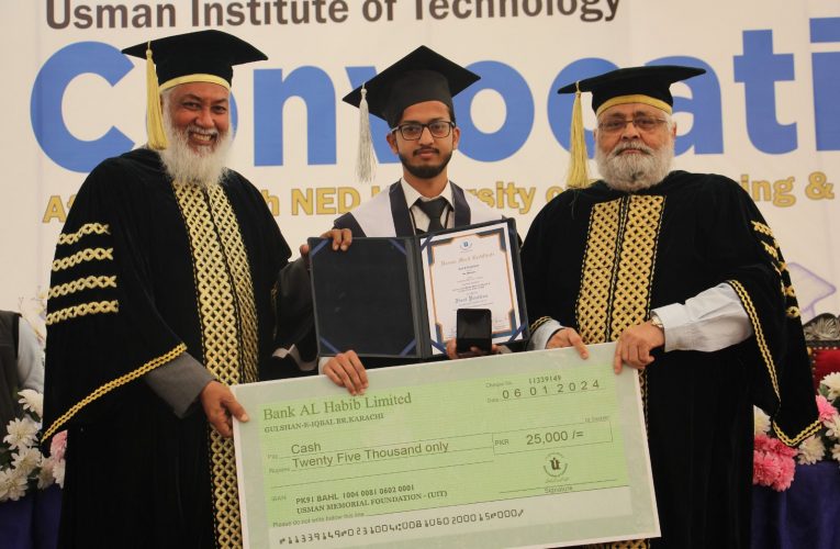 Usman Institute of Technology (UIT) conferred 379 degrees during its recent convocation ceremony. Six students, recognized for outstanding academic performance, were honored with Usman Gold Medals and cash prizes of Rs. 25,000 each.