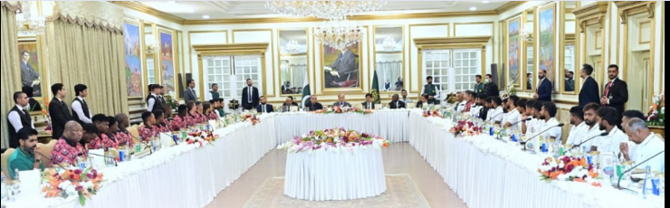 Prime Minister Muhammad Shehbaz Sharif addresses a banquet he hosted in honour of cricket teams of Pakistan, Sri Lanka and Zimbabwe who are currently participating in the Tri-Nations Series in Islamabad.