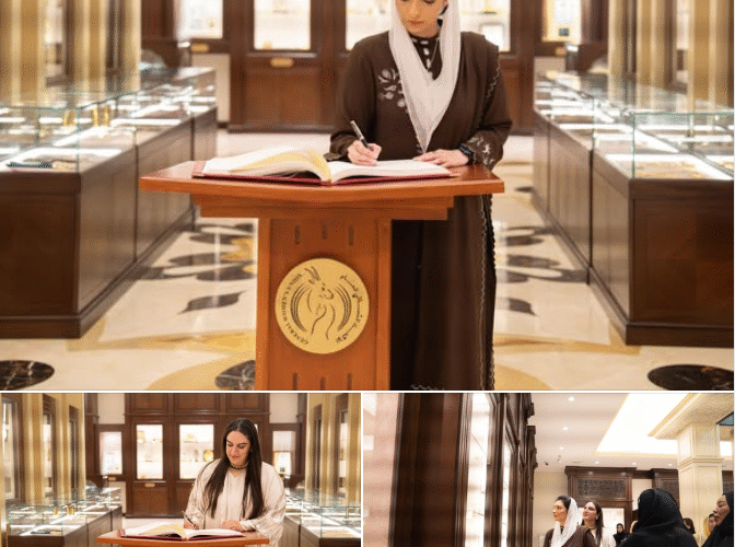 The First Lady, Bibi Aseefa Bhutto Zardari and her sister Ms Bakhtawar Bhutto Zardari viewed commemorative shields and awards received by Her Highness Sheikha Fatima