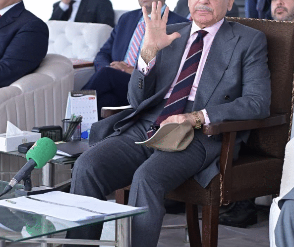 Prime Minister Muhammad Shehbaz Sharif receives briefing during his visit to the construction site of Jinnah Medical Complex and Danish University.