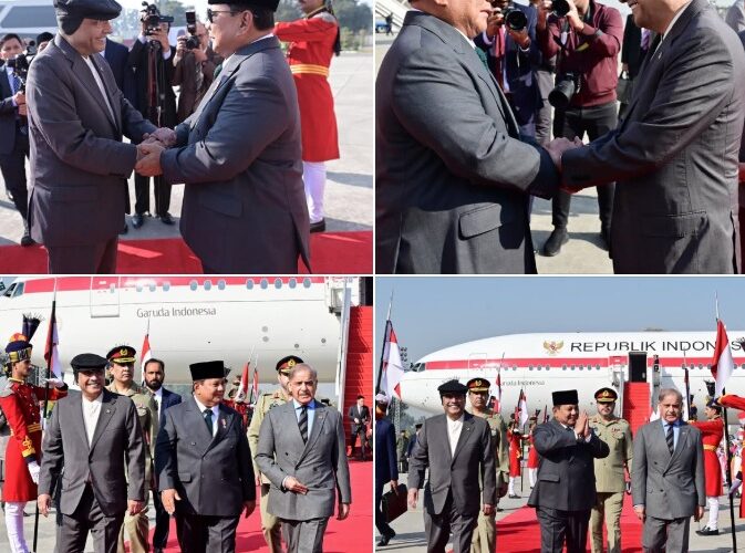 President Asif Ali Zardari, accompanied by Prime Minister Muhammad Shehbaz Sharif, receives President Prabowo Subianto of the Republic of Indonesia upon his arrival at Nur Khan Airbase