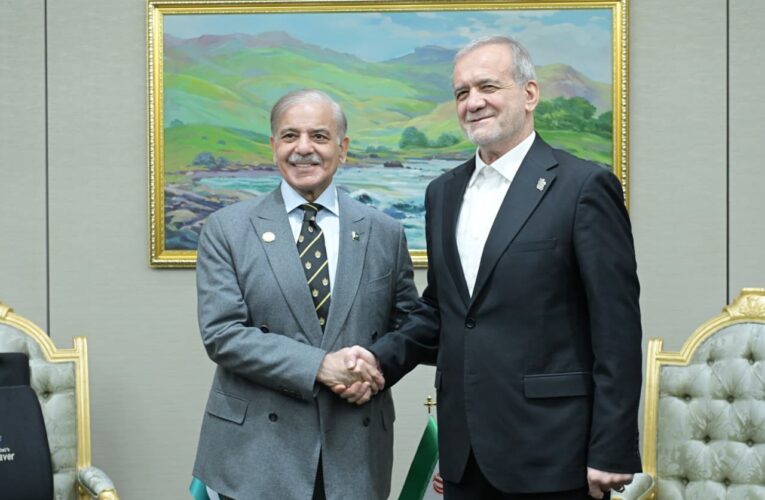 Prime Minister Muhammad Shehbaz Sharif meets the President of Iran Dr. Masoud Pezeshkian on the sidelines of the International Forum on Peace and Trust in Ashgabat, Turkmenistan