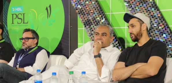 PCB Chairman Mohsin Naqvi with Pakistan T20I captain Salman Ali Agha at the #HBLPSL11 match between Multan Sultans and Islamabad United 📸